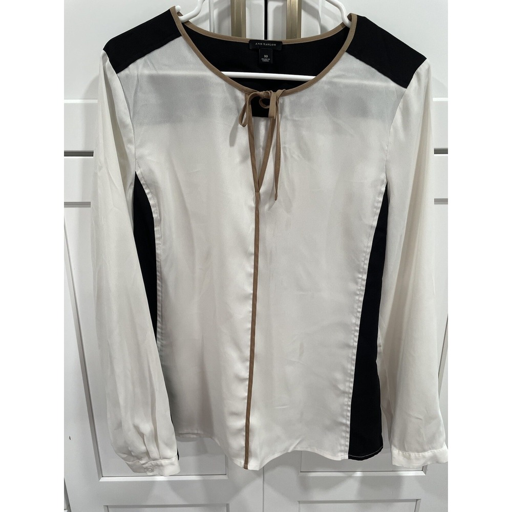Ann Taylor Blouse Sz 10 Womens Tie Neck Top Black White AK114